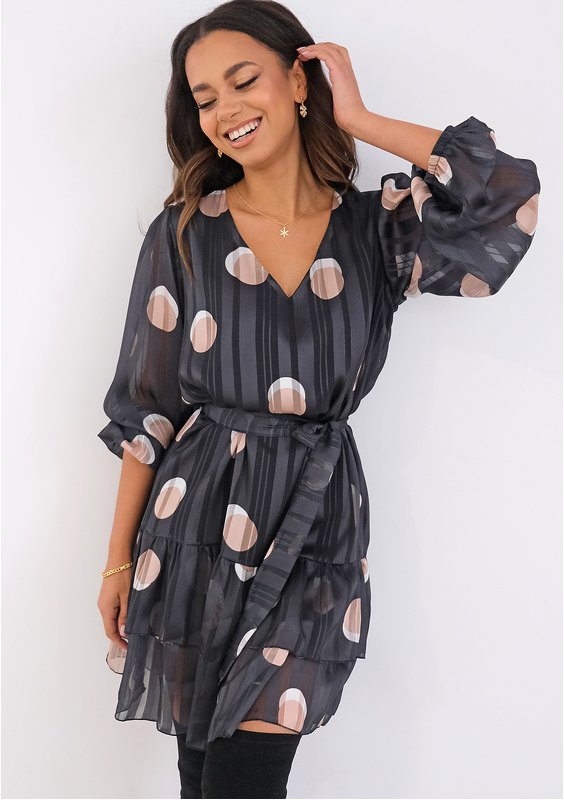 Clarie - black chiffon dress with circles print