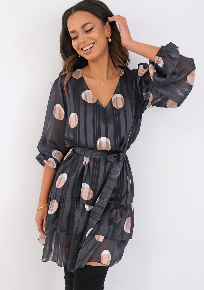 Clarie - black chiffon dress with circles print