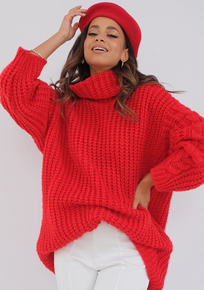 Ingrid - loose turtleneck red plaited sweater