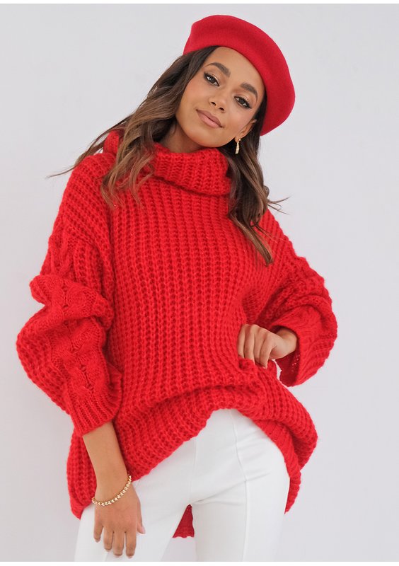 Ingrid - loose turtleneck red plaited sweater