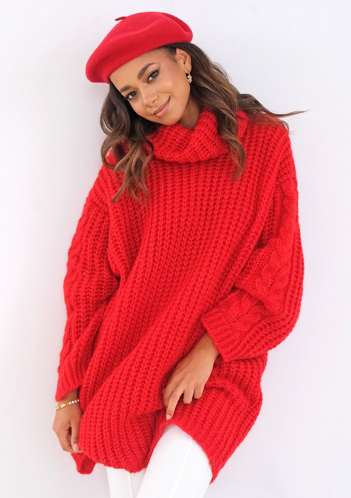 Ingrid - loose turtleneck red plaited sweater