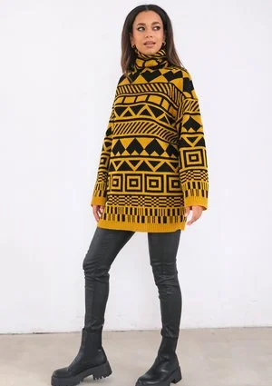 Vinter - Loose turtleneck Aztec printed sweater