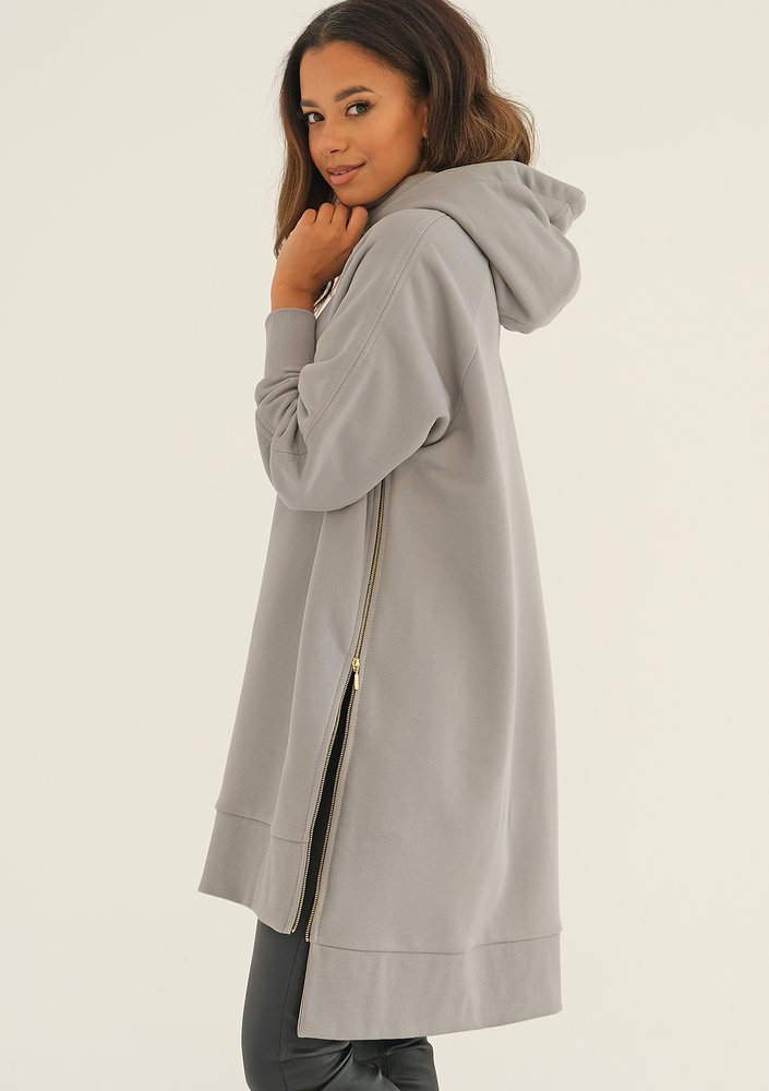 Zipper - grey asymmetric hoodie with a side zipper