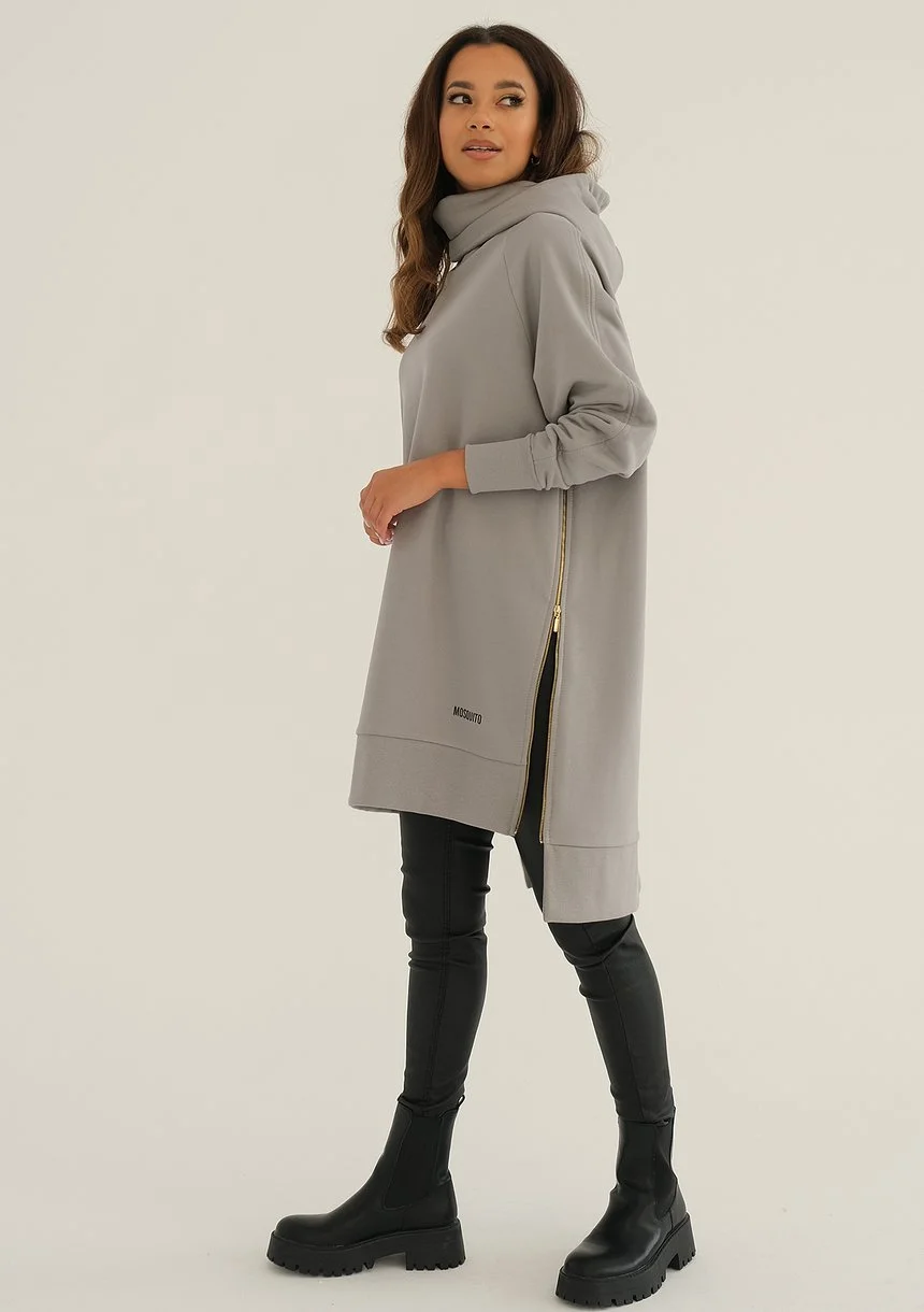 Zipper - grey asymmetric hoodie with a side zipper