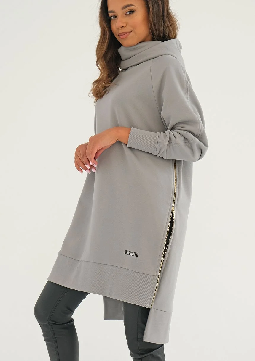 Zipper - grey asymmetric hoodie with a side zipper