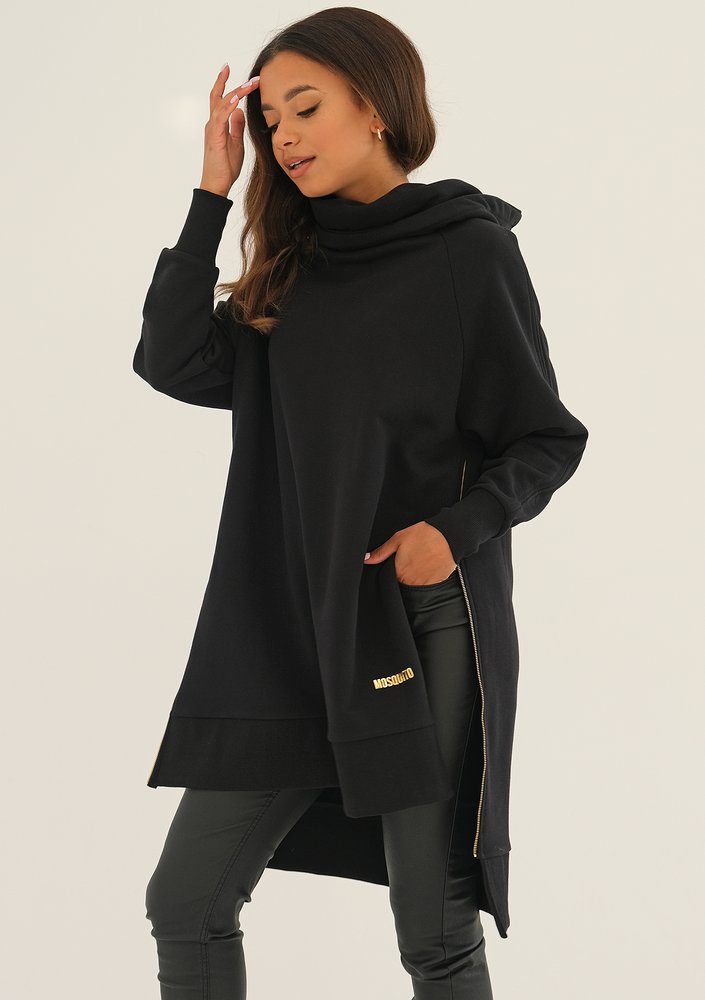 Zipper - black asymmetric hoodie with a side zipper