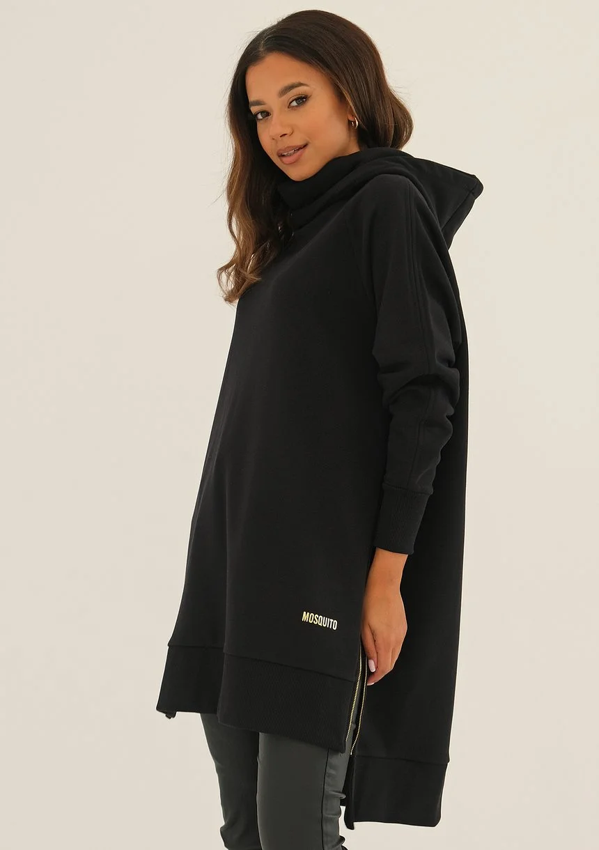 Zipper - black asymmetric hoodie with a side zipper