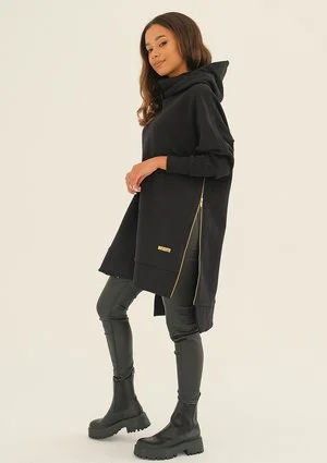 Zipper - black asymmetric hoodie with a side zipper