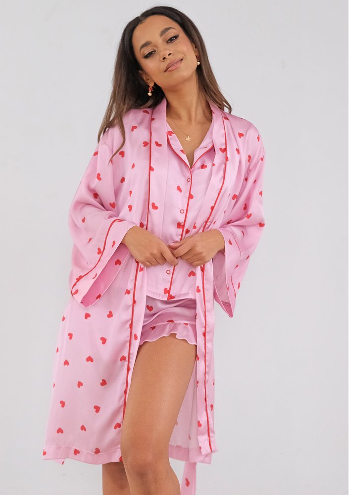 Nap - pink heart patterned satin housecoat