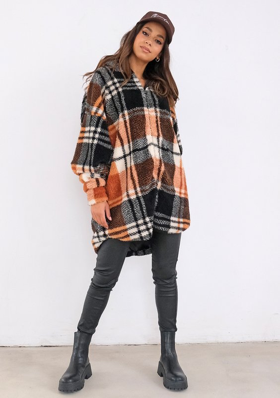 Merino - oversize checked brown boucle hoodie
