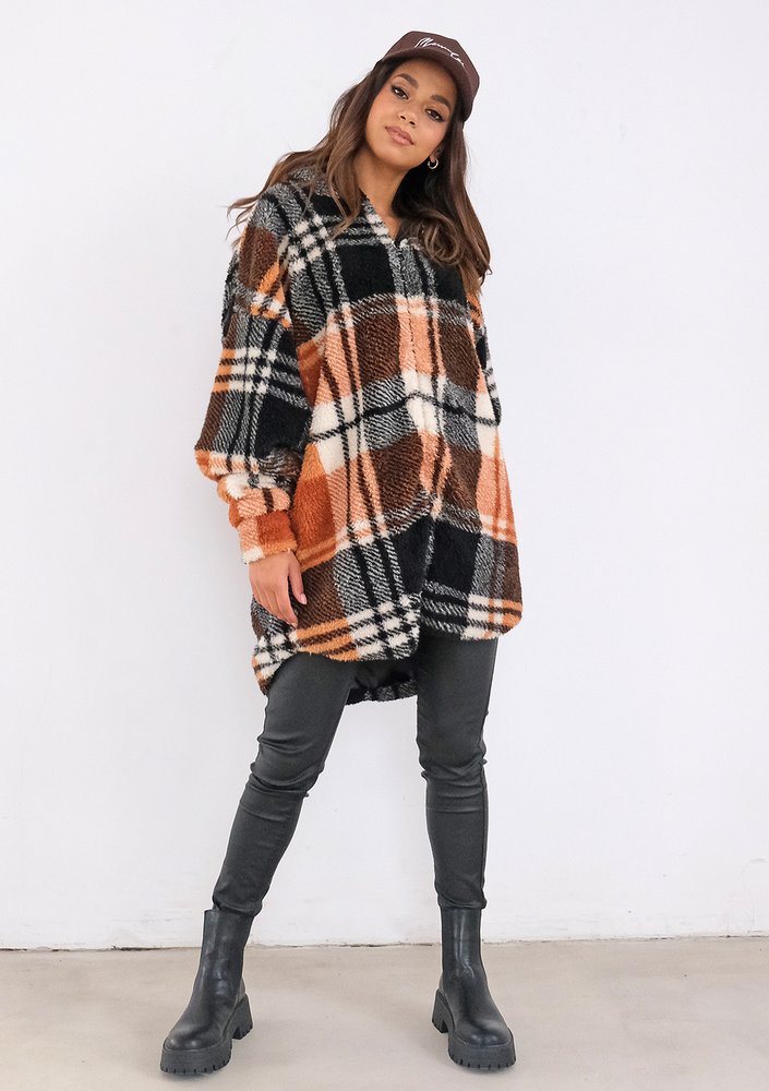 Merino - oversize checked brown boucle hoodie