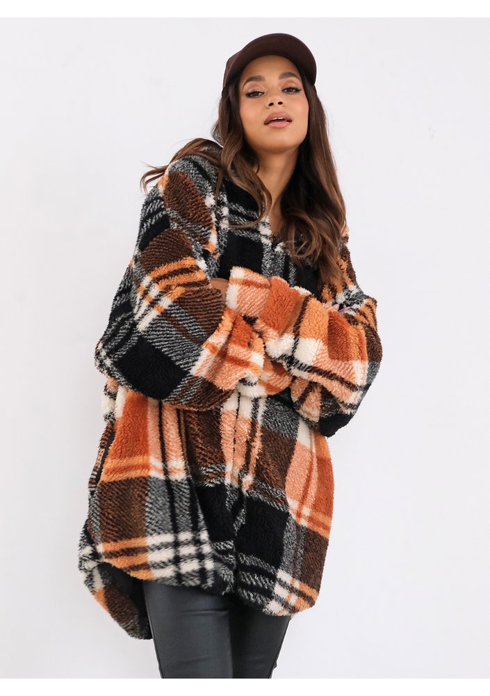 Merino - oversize checked brown boucle hoodie