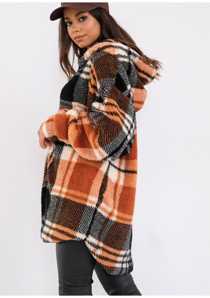 Merino - oversize checked brown boucle hoodie