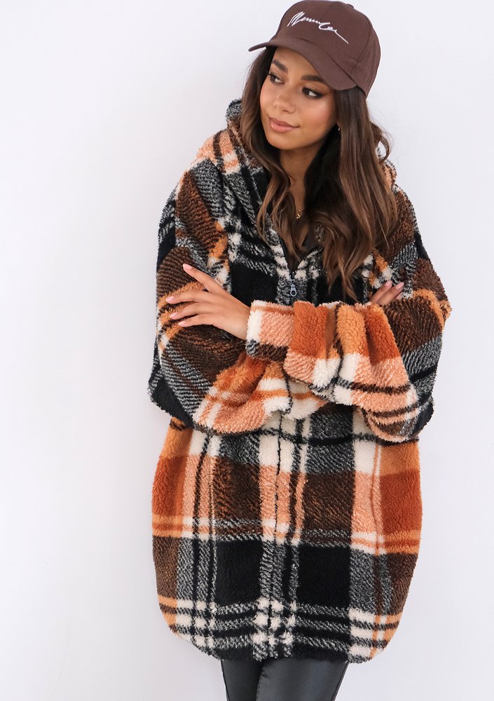 Merino - Bluza z futerka oversize w kratę Brown