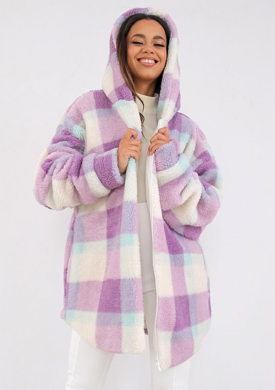 Merino - Bluza z futerka oversize w kratę Lila