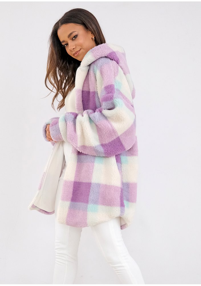 Merino - oversize checked lila boucle hoodie