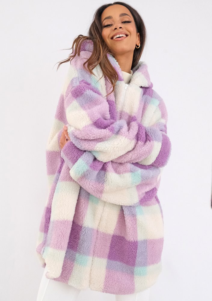 Merino - oversize checked lila boucle hoodie