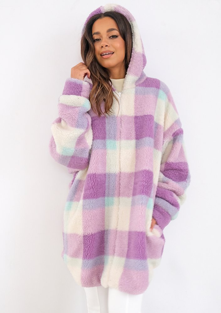 Merino - oversize checked lila boucle hoodie