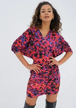 Marisa - Fitted mini dress with a pink flowers print