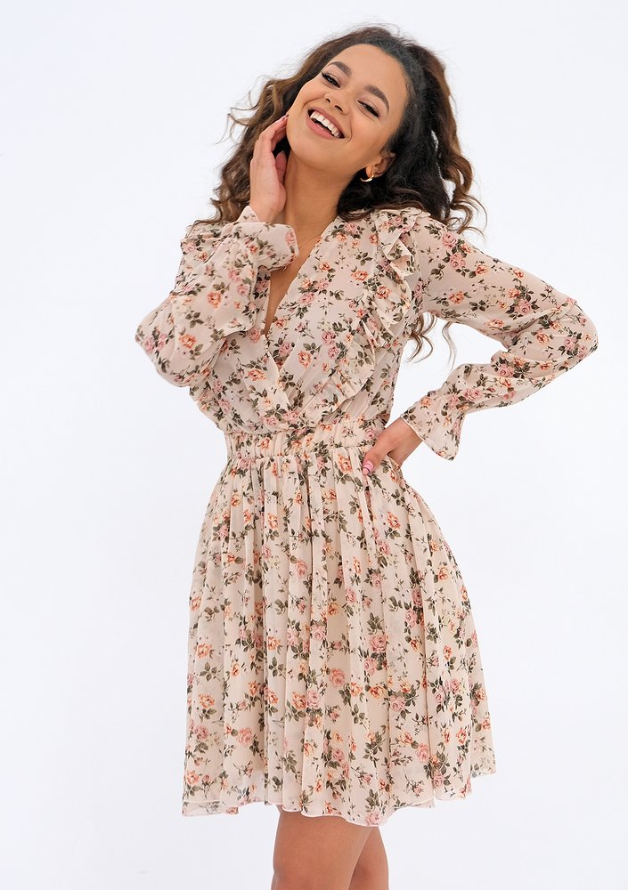 Rosalia - beige chiffon mini dress with a roses print