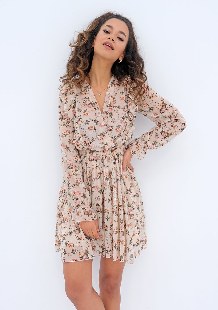 Rosalia - beige chiffon mini dress with a roses print