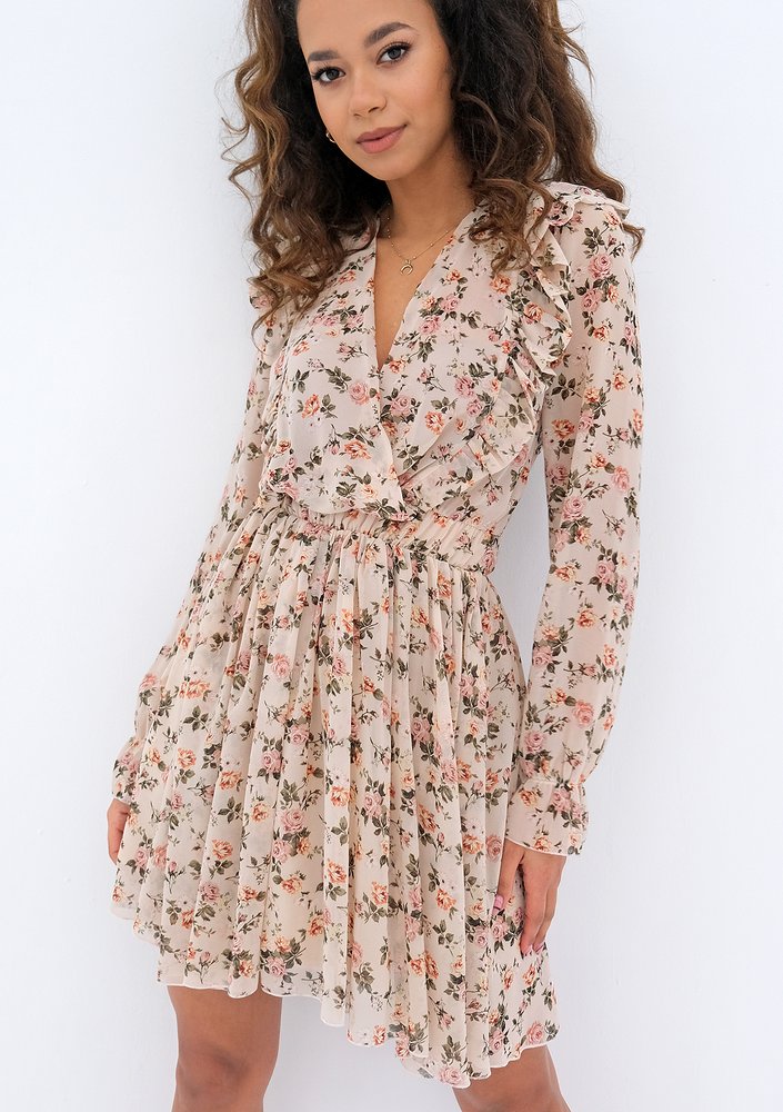 Rosalia - beige chiffon mini dress with a roses print