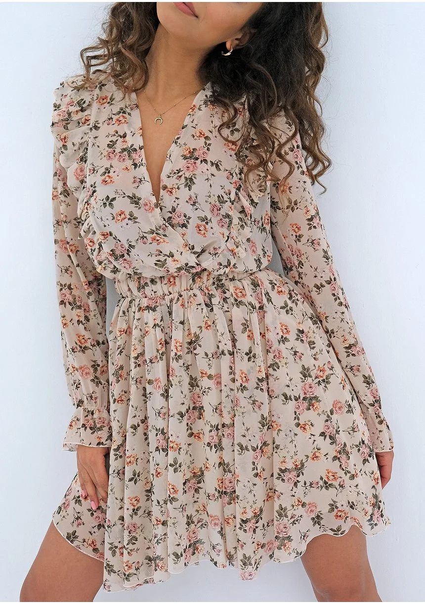 Rosalia - beige chiffon mini dress with a roses print