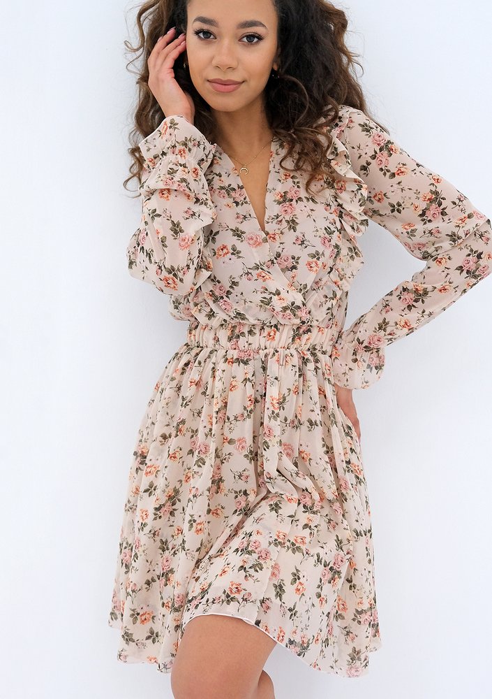 Rosalia - beige chiffon mini dress with a roses print