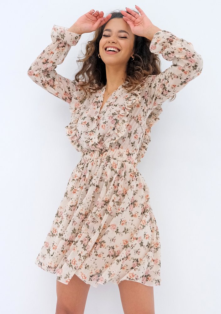 Rosalia - beige chiffon mini dress with a roses print