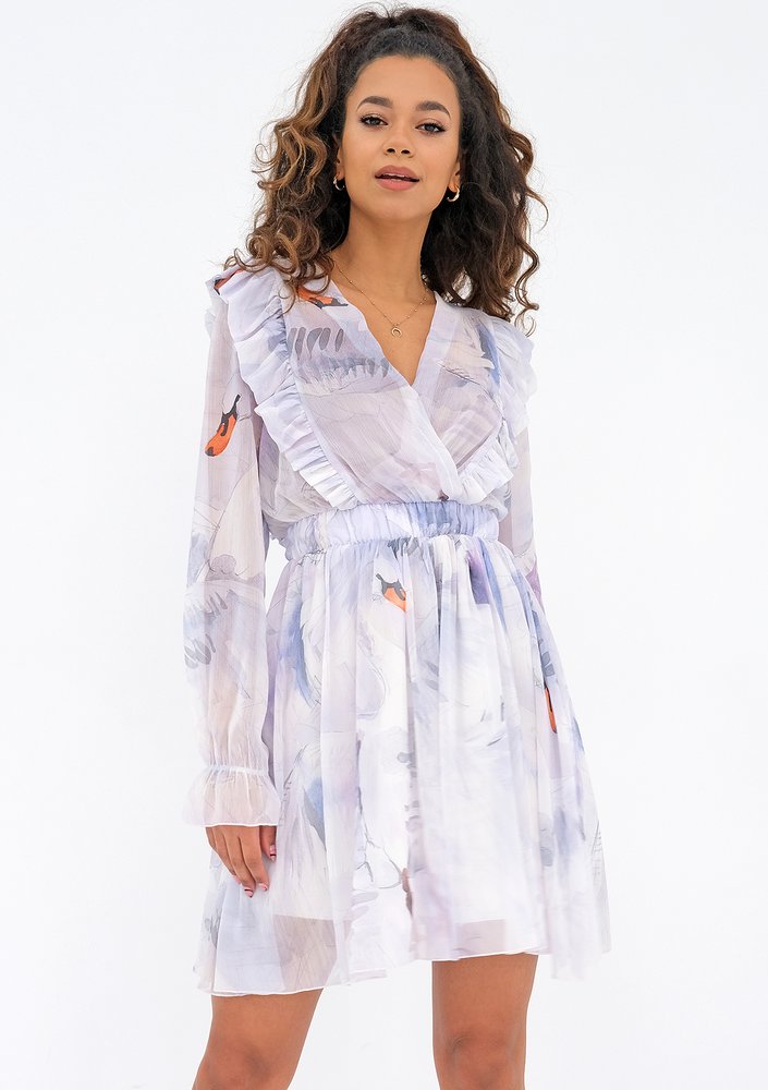 Rosalia - beige chiffon mini dress with a swan print