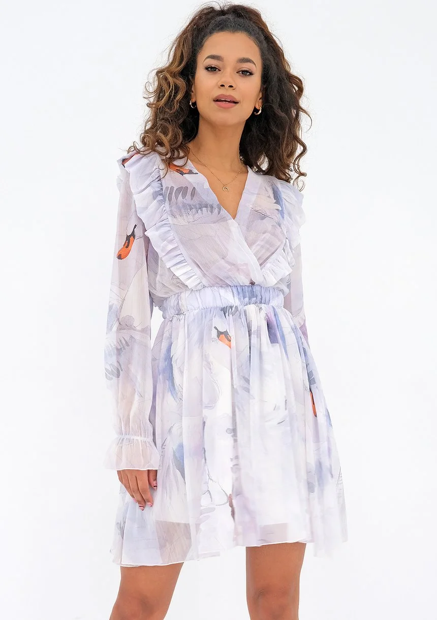 Rosalia - beige chiffon mini dress with a swan print