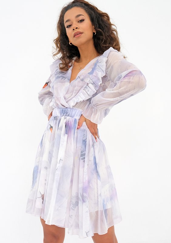 Rosalia - beige chiffon mini dress with a swan print