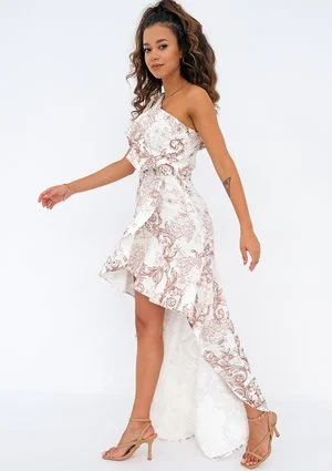 Vanessa - Asymetryczna sukienka maxi Beżowy Print