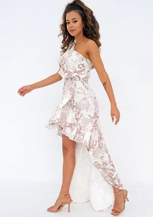 Vanessa - Asymmetric white maxi dress with a print