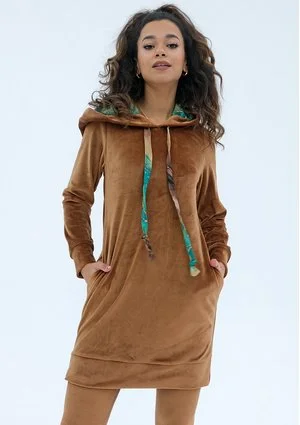 Mily - camel brown velvet hooded dress with marble print