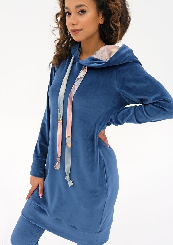 Mily - blue velvet hooded dress with marble print