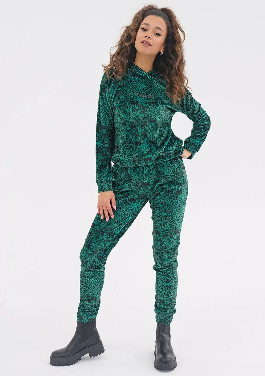 Queens - Spodnie velvet w cętki Zielone