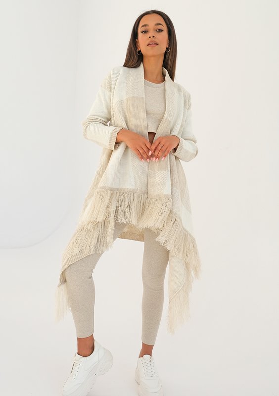 Lora - long beige checked cardigan