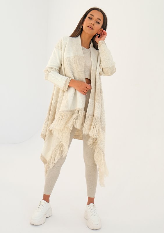 Lora - long beige checked cardigan