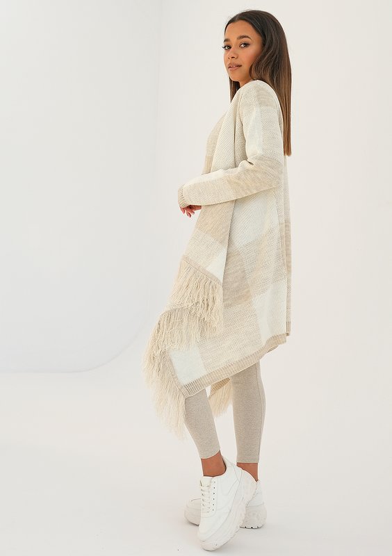 Lora - long beige checked cardigan