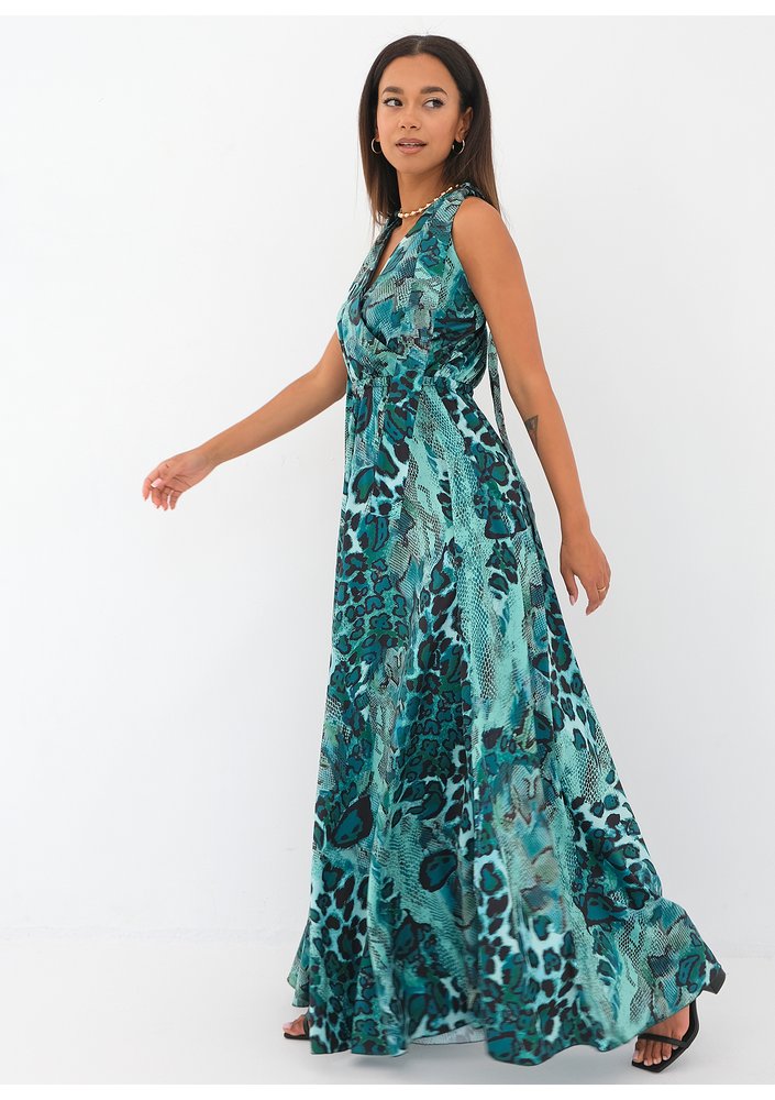 Iris - snake printed green satin maxi dress