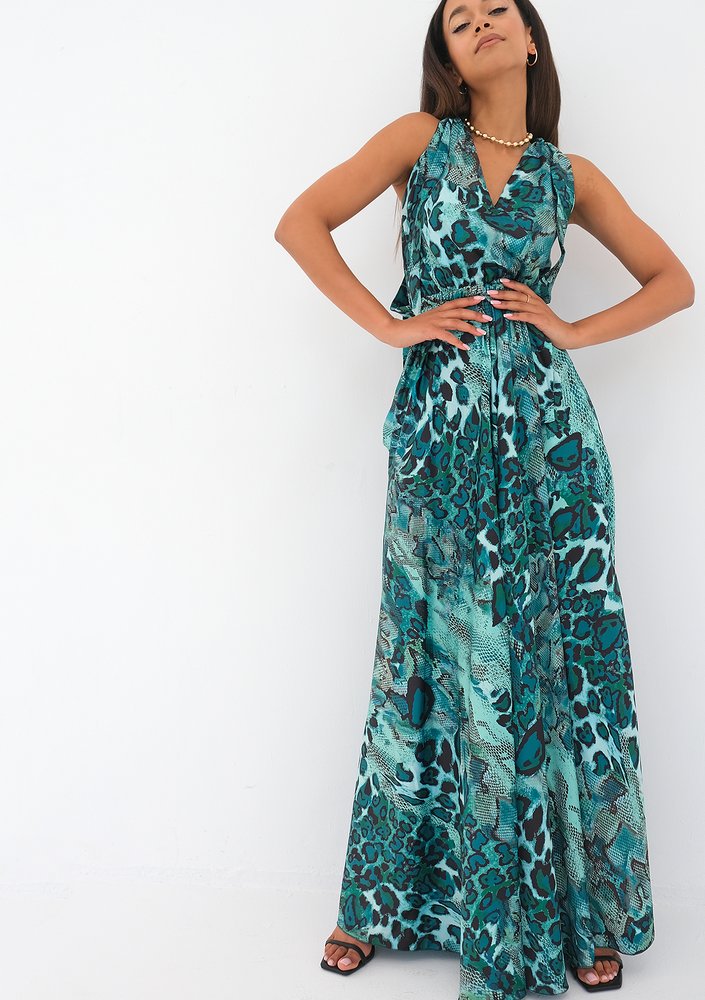 Iris - snake printed green satin maxi dress
