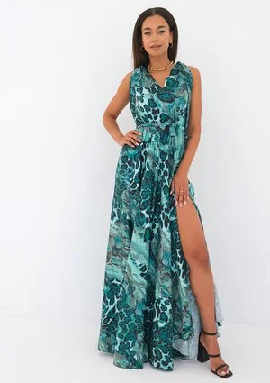 Iris - snake printed green satin maxi dress