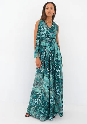 Iris - snake printed green satin maxi dress