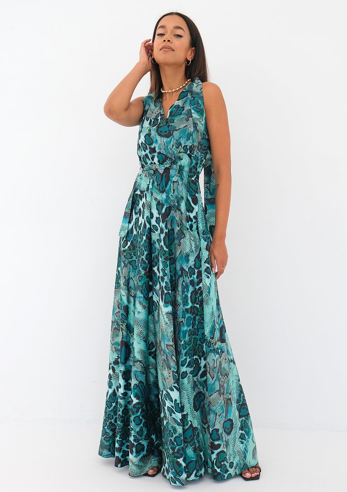 Iris - snake printed green satin maxi dress