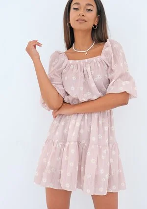 Maud - daisy patterned powder pink mini dress