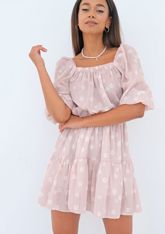 Maud - daisy patterned powder pink mini dress