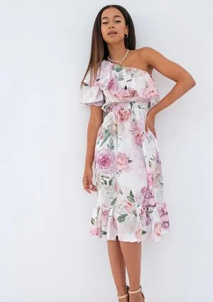 Jasmine - peonia patterned frilled midi dress
