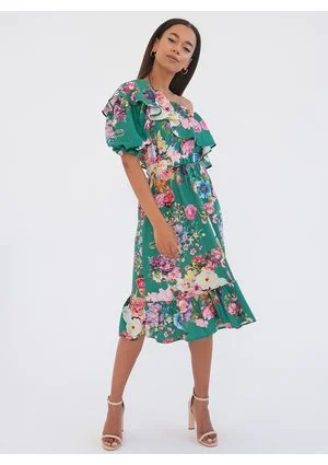 Jasmine - Sukienka midi z falbaną Green Floral
