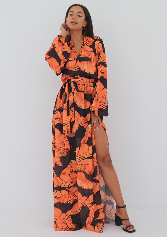 Adele - Maxi dress with orange leaves print
